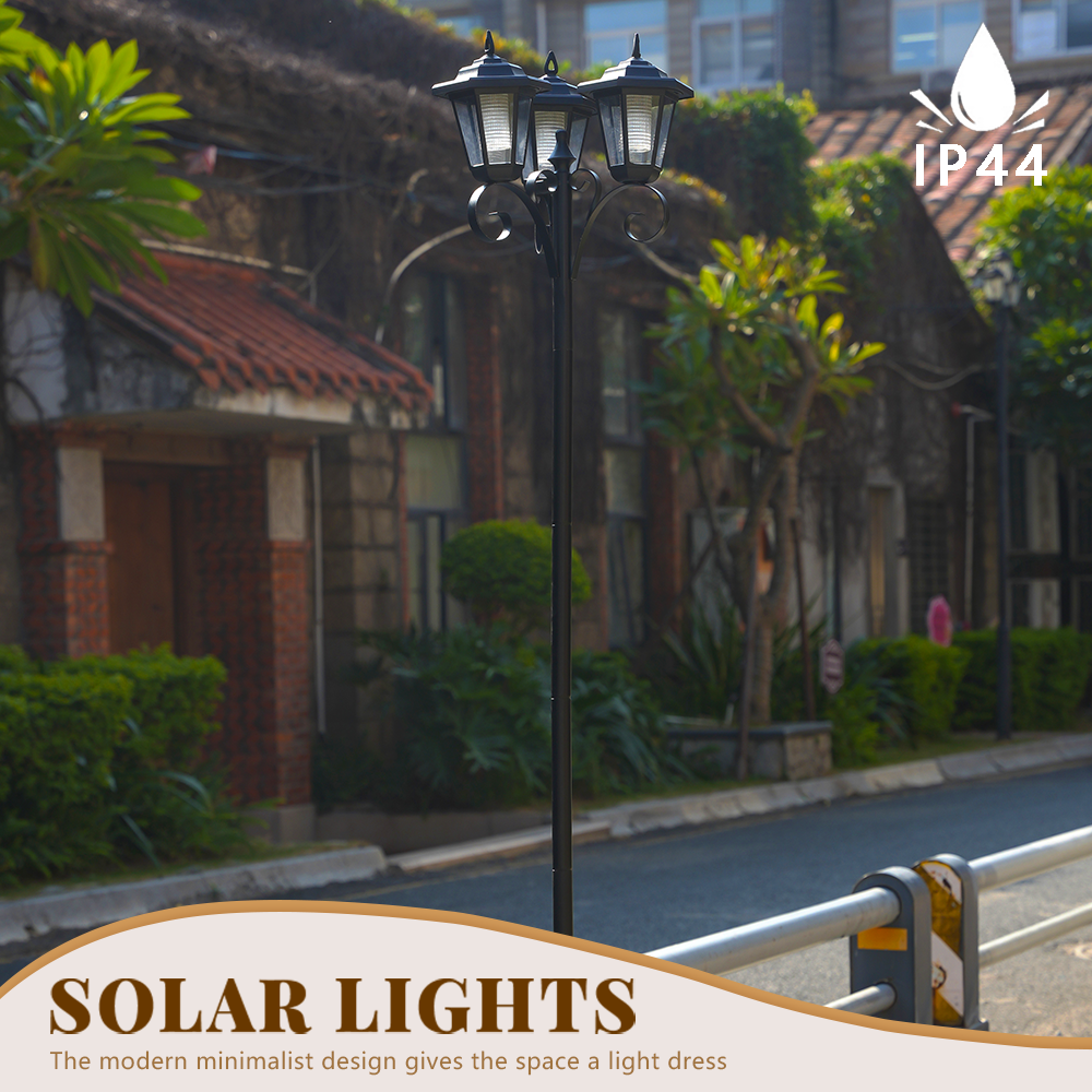198cm Solar Street Light with Classic Triple-Shade Design | IP44 Waterproof Yard Light for Garden, Courtyard, Driveway | Auto Dusk-to-Dawn, Matte Black (77.95inch Height)