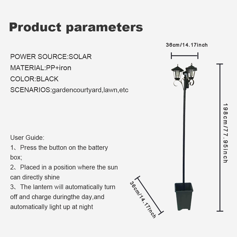 198cm Solar Street Light with Classic Triple-Shade Design | IP44 Waterproof Yard Light for Garden, Courtyard, Driveway | Auto Dusk-to-Dawn, Matte Black (77.95inch Height)