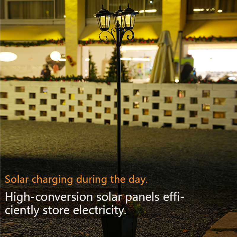 198cm Solar Street Light with Classic Triple-Shade Design | IP44 Waterproof Yard Light for Garden, Courtyard, Driveway | Auto Dusk-to-Dawn, Matte Black (77.95inch Height)