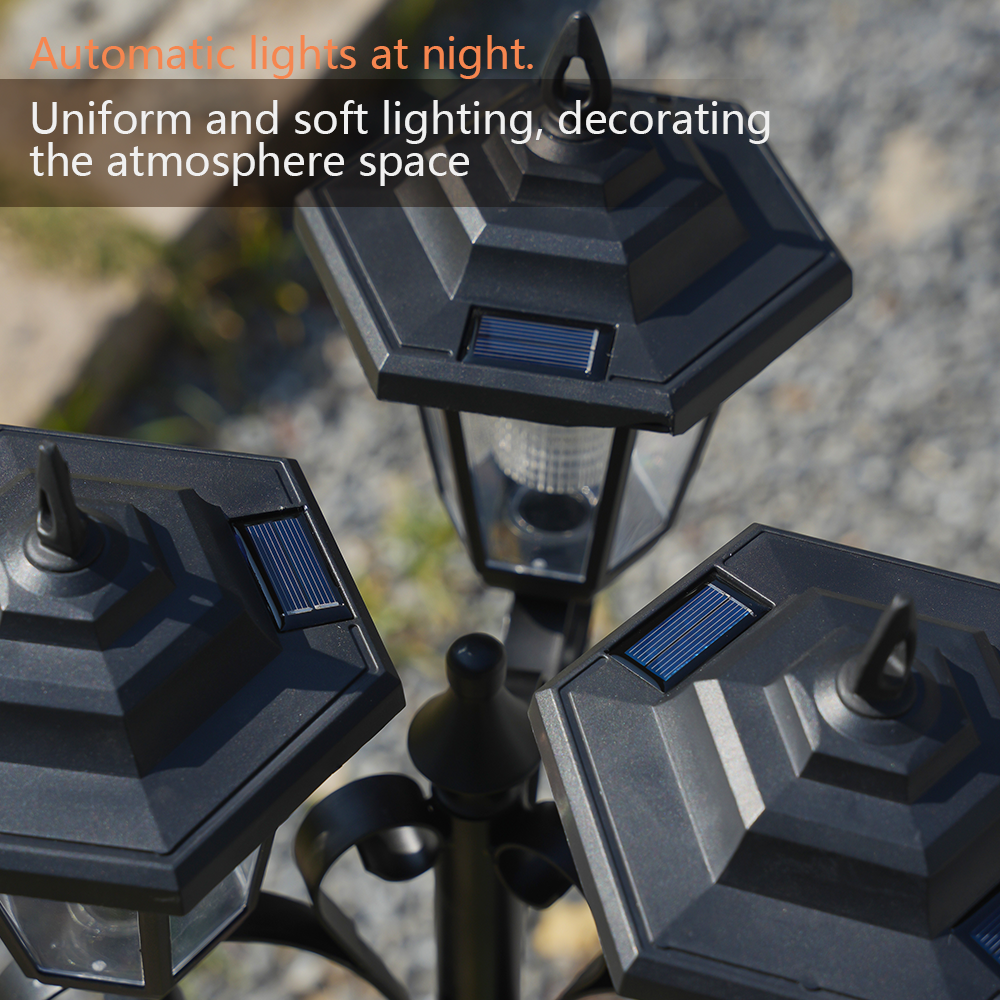 198cm Solar Street Light with Classic Triple-Shade Design | IP44 Waterproof Yard Light for Garden, Courtyard, Driveway | Auto Dusk-to-Dawn, Matte Black (77.95inch Height)