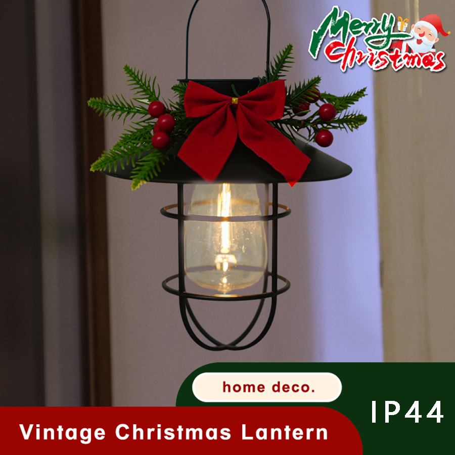 2PCS Plastic Solar Holiday Lantern - Festive Pine & Bow Decor, 7.7in Height, Auto Charging