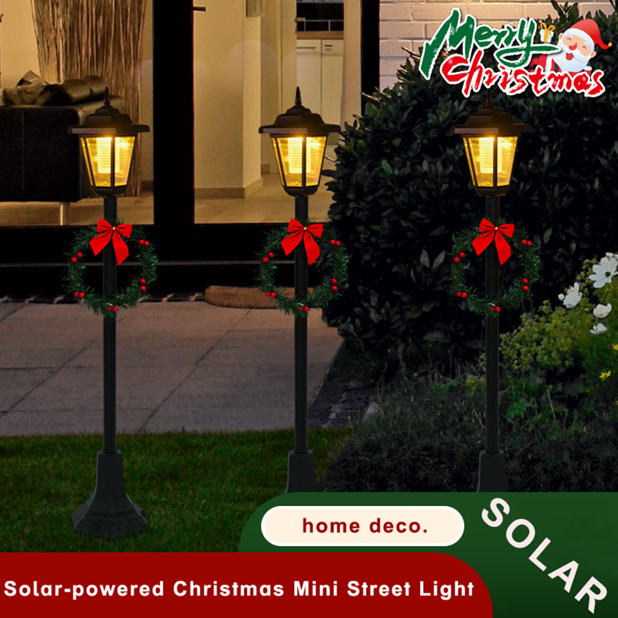 44" Adjustable Solar Pathway Light - Outdoor Holiday Decoration With Built-in Pine Wreath & Red Bow, Weatherproof Plastic Base For Garden, Porch