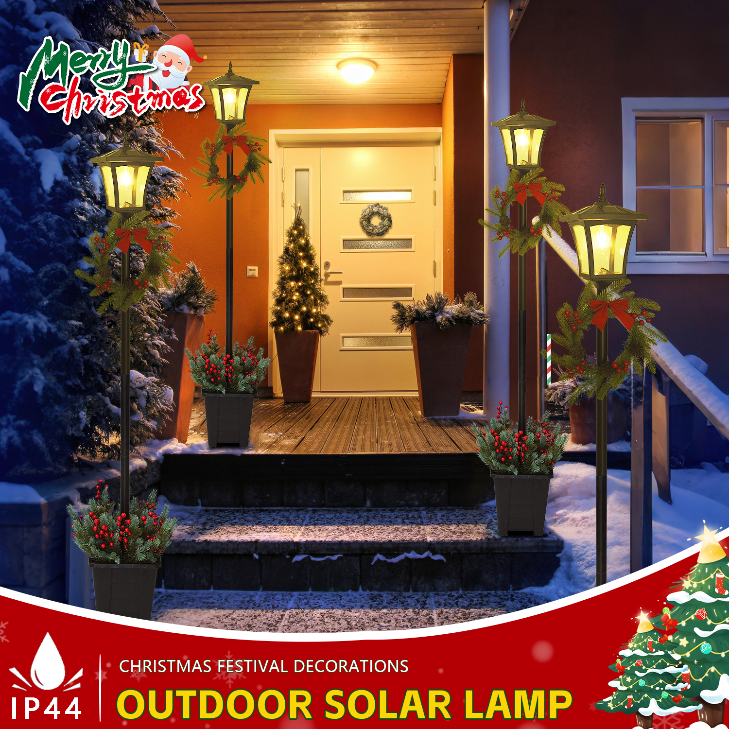 Christmas Solar Street Lamp Decor - 59in Outdoor Holiday Lighting with Wreath, Auto On/Off, For Yard/Patio/Garden (Black PP+Iron)，Nice Christmas Gifts