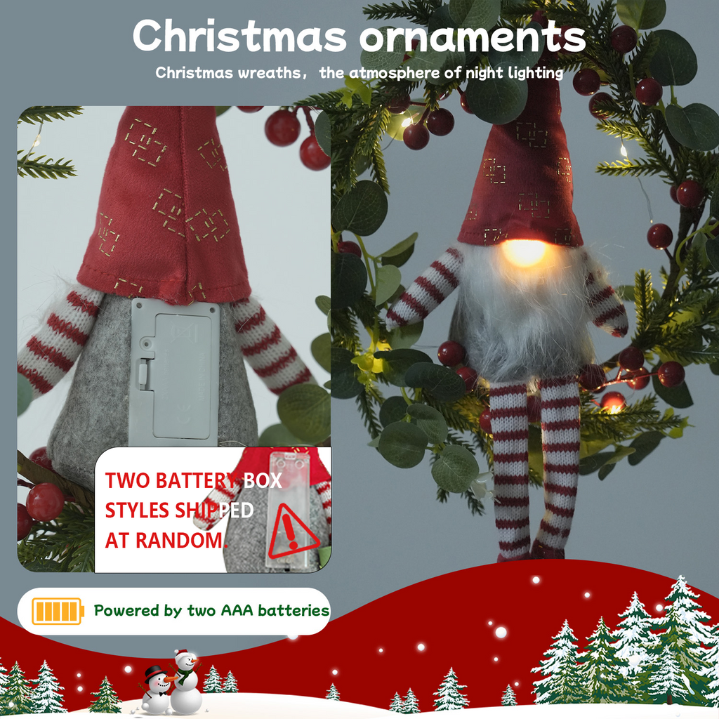 Light-up Christmas Elf Wreath - 10-inch Hanging Decor With Fabric Elf, Red Berries & Pine, Battery Operated