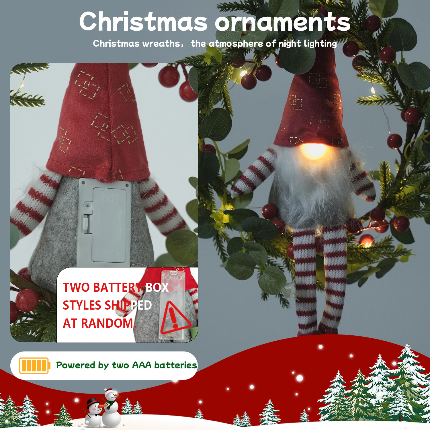 Light-up Christmas Elf Wreath - 10-inch Hanging Decor With Fabric Elf, Red Berries & Pine, Battery Operated