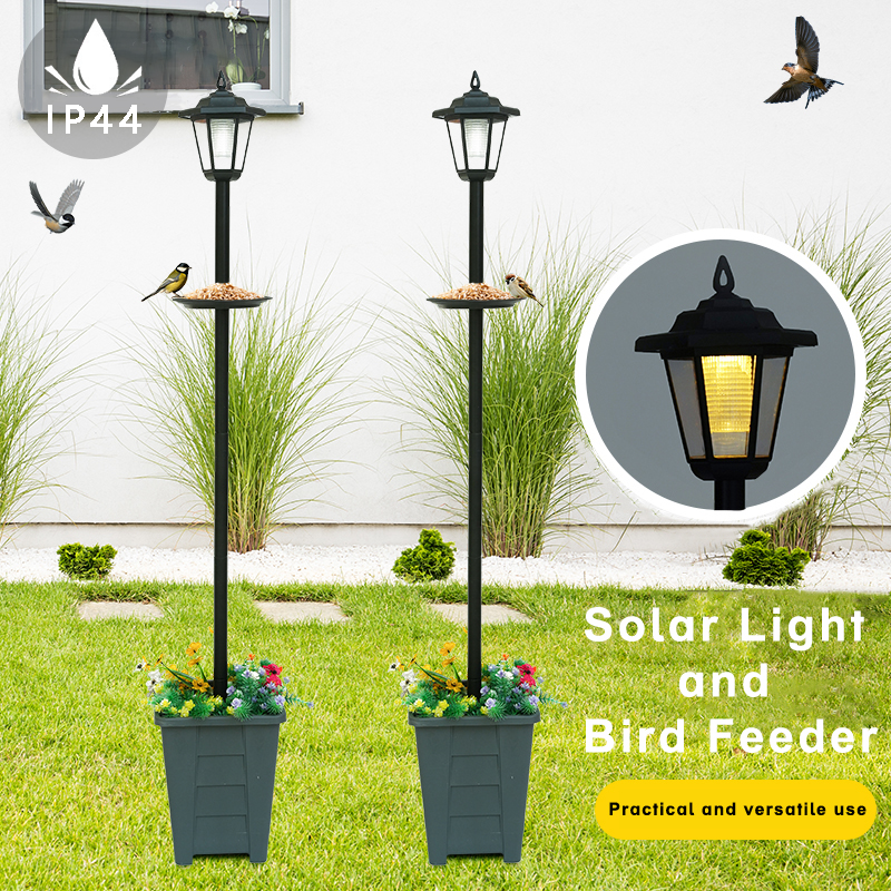 59'' Solar Lamp Post Light with Planter & Bird Feeder (3-in-1 Design) - IP44 Waterproof, Auto On/Off, Dusk to Dawn Sensor for Garden, Yard, Pathway - Easy Install Outdoor Decor