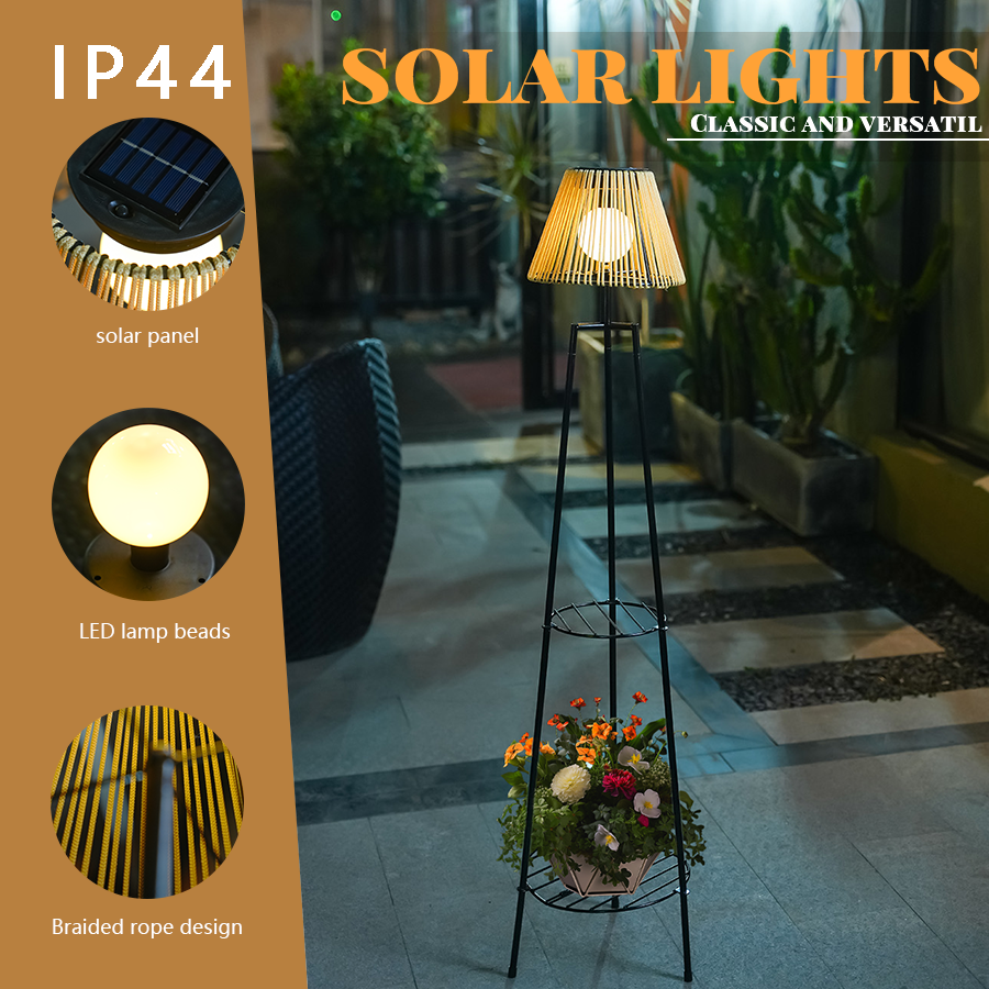 46.8'' Solar Floor Lamp with Plant Stand - IP44 Waterproof Metal Tripod, Warm White 3000K LED, Auto Dusk to Dawn for Patio, Garden, Porch Decor