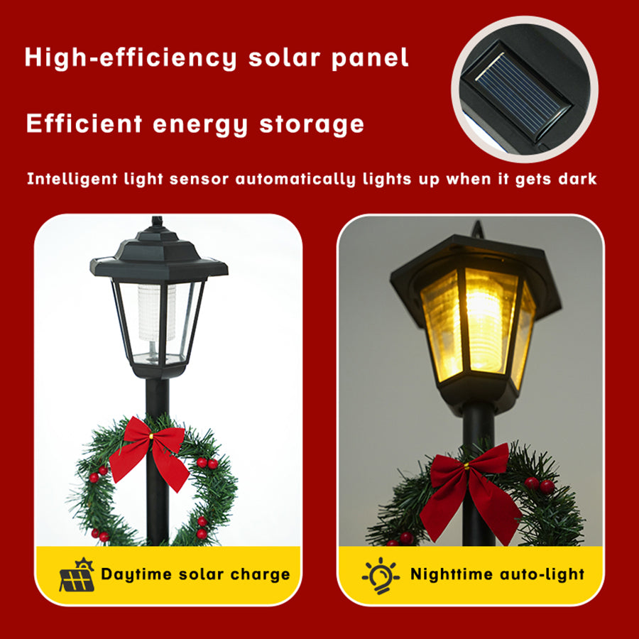 44" Adjustable Solar Pathway Light - Outdoor Holiday Decoration With Built-in Pine Wreath & Red Bow, Weatherproof Plastic Base For Garden, Porch