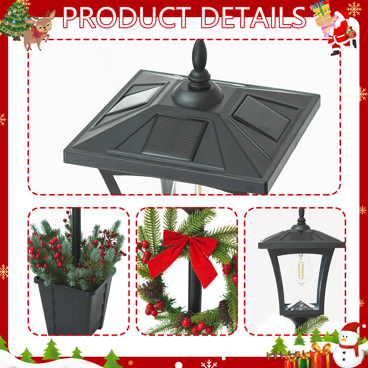 Christmas Solar Street Lamp Decor - 59in Outdoor Holiday Lighting with Wreath, Auto On/Off, For Yard/Patio/Garden (Black PP+Iron)，Nice Christmas Gifts