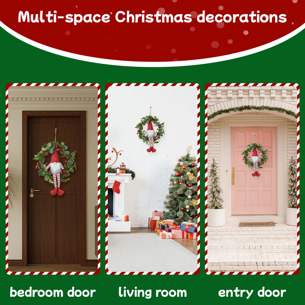 Light-up Christmas Elf Wreath - 10-inch Hanging Decor With Fabric Elf, Red Berries & Pine, Battery Operated