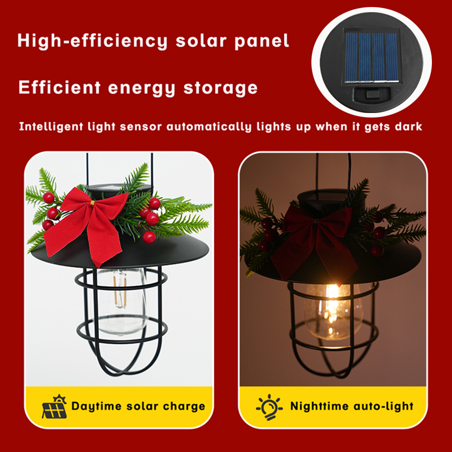 2PCS Plastic Solar Holiday Lantern - Festive Pine & Bow Decor, 7.7in Height, Auto Charging