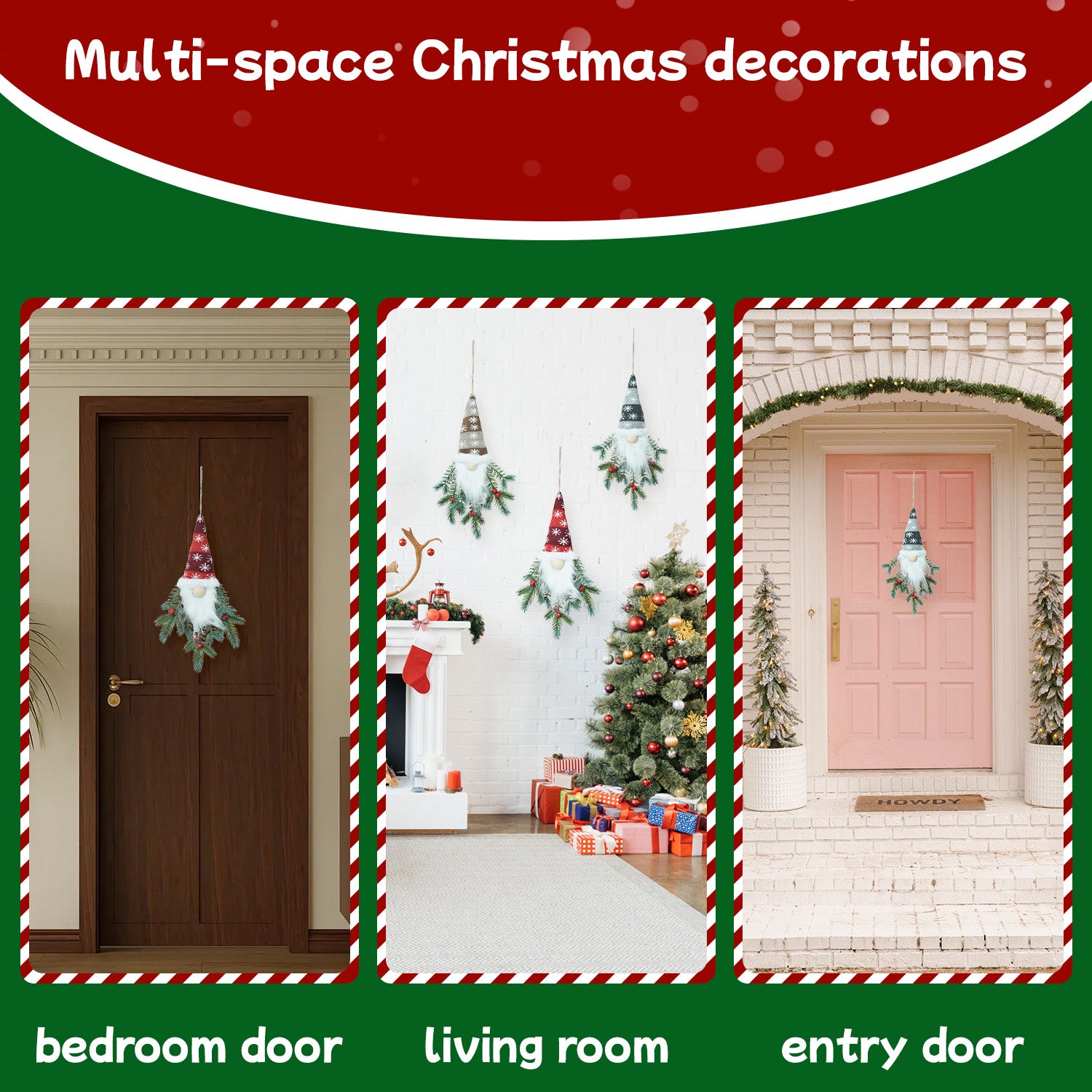 3 sets of Light-up Fabric Elf Hanging Decor With Led Berries And Pine, 18.5-inch Height, Battery Operated - Christmas Wall Garland