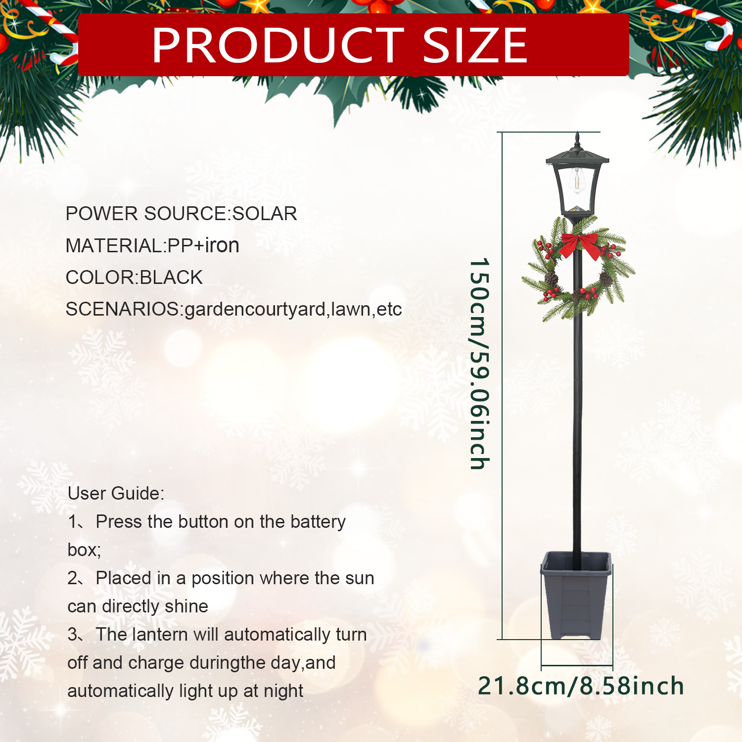 Christmas Solar Street Lamp Decor - 59in Outdoor Holiday Lighting with Wreath, Auto On/Off, For Yard/Patio/Garden (Black PP+Iron)，Nice Christmas Gifts