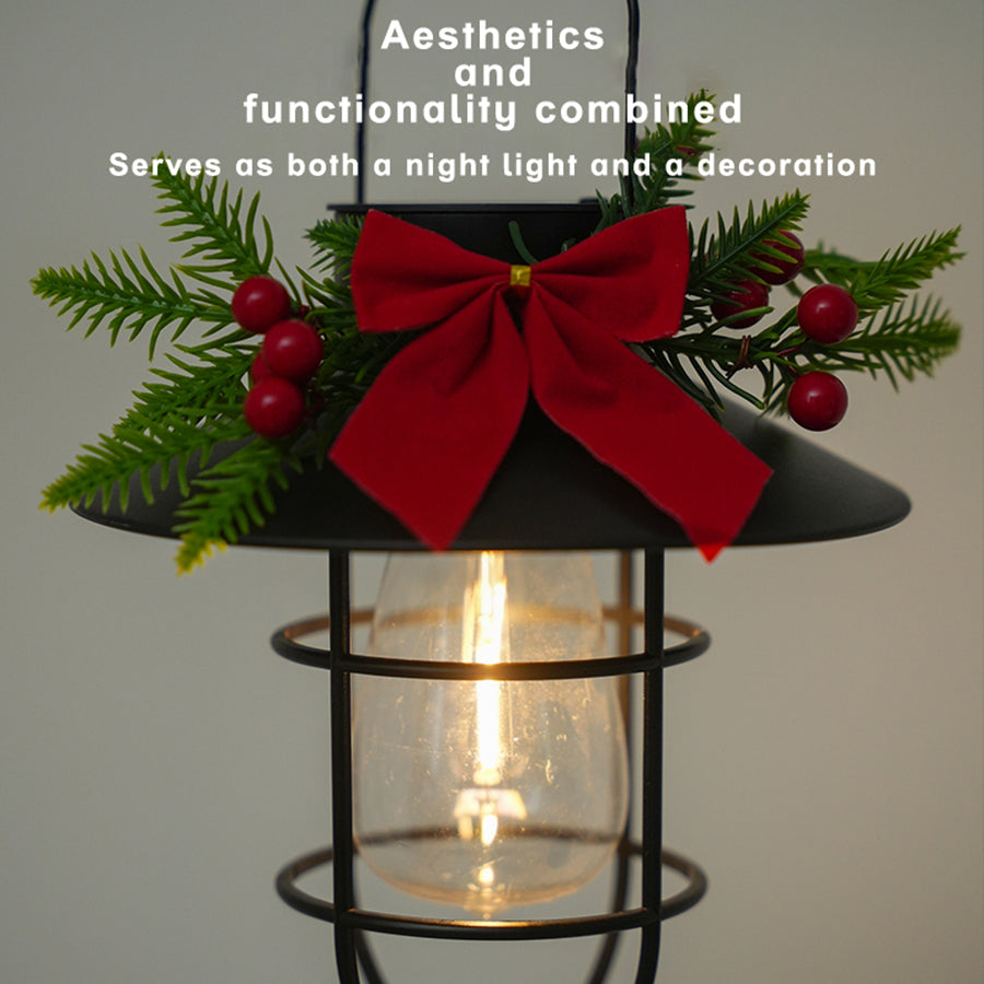 2PCS Plastic Solar Holiday Lantern - Festive Pine & Bow Decor, 7.7in Height, Auto Charging