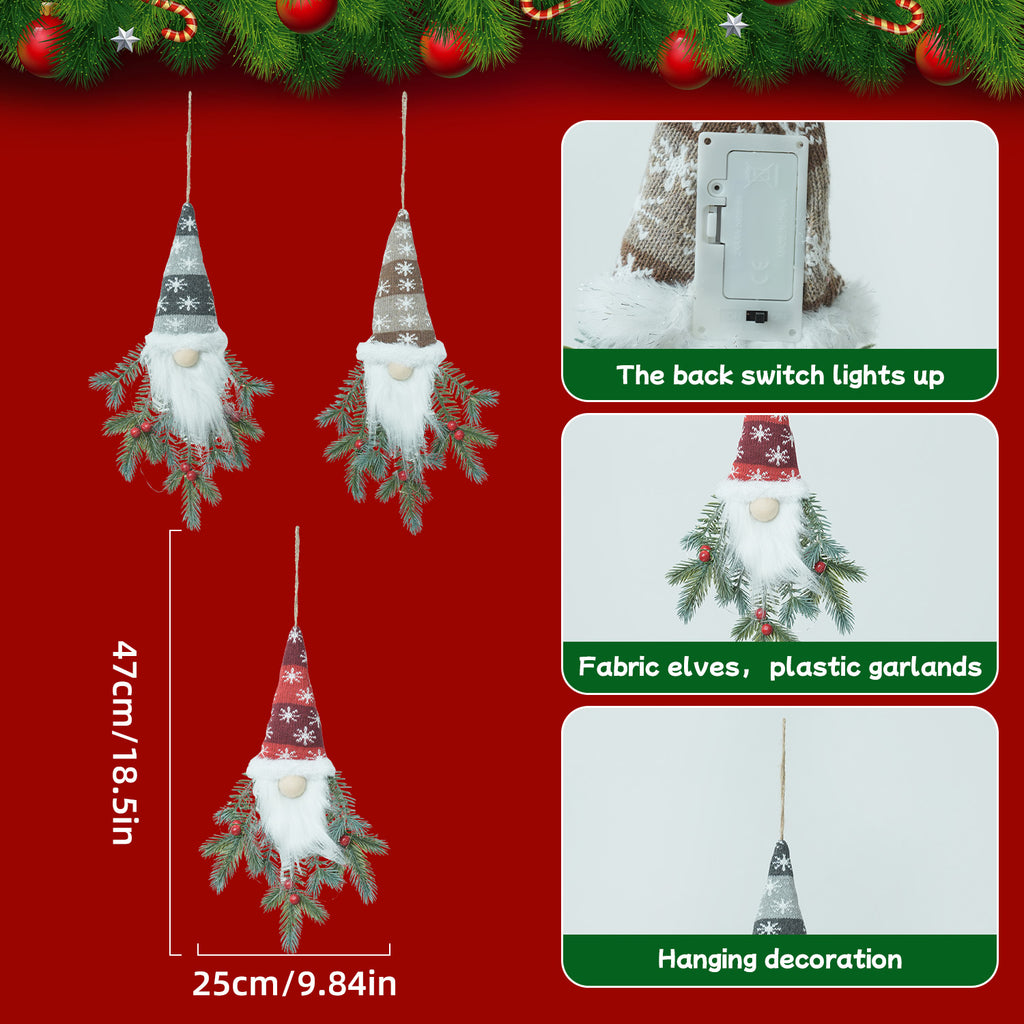 3 sets of Light-up Fabric Elf Hanging Decor With Led Berries And Pine, 18.5-inch Height, Battery Operated - Christmas Wall Garland