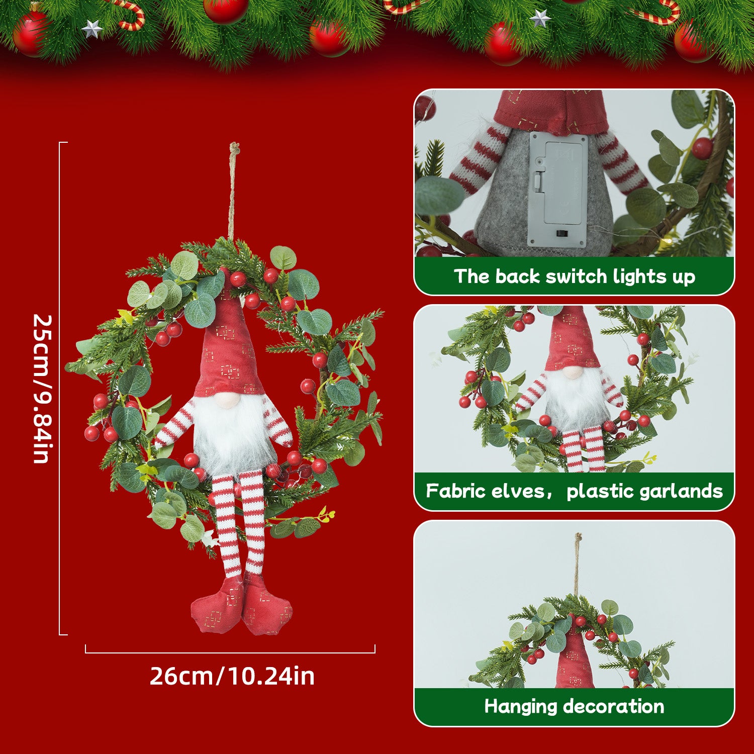 Light-up Christmas Elf Wreath - 10-inch Hanging Decor With Fabric Elf, Red Berries & Pine, Battery Operated