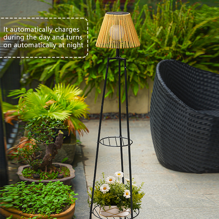 46.8'' Solar Floor Lamp with Plant Stand - IP44 Waterproof Metal Tripod, Warm White 3000K LED, Auto Dusk to Dawn for Patio, Garden, Porch Decor