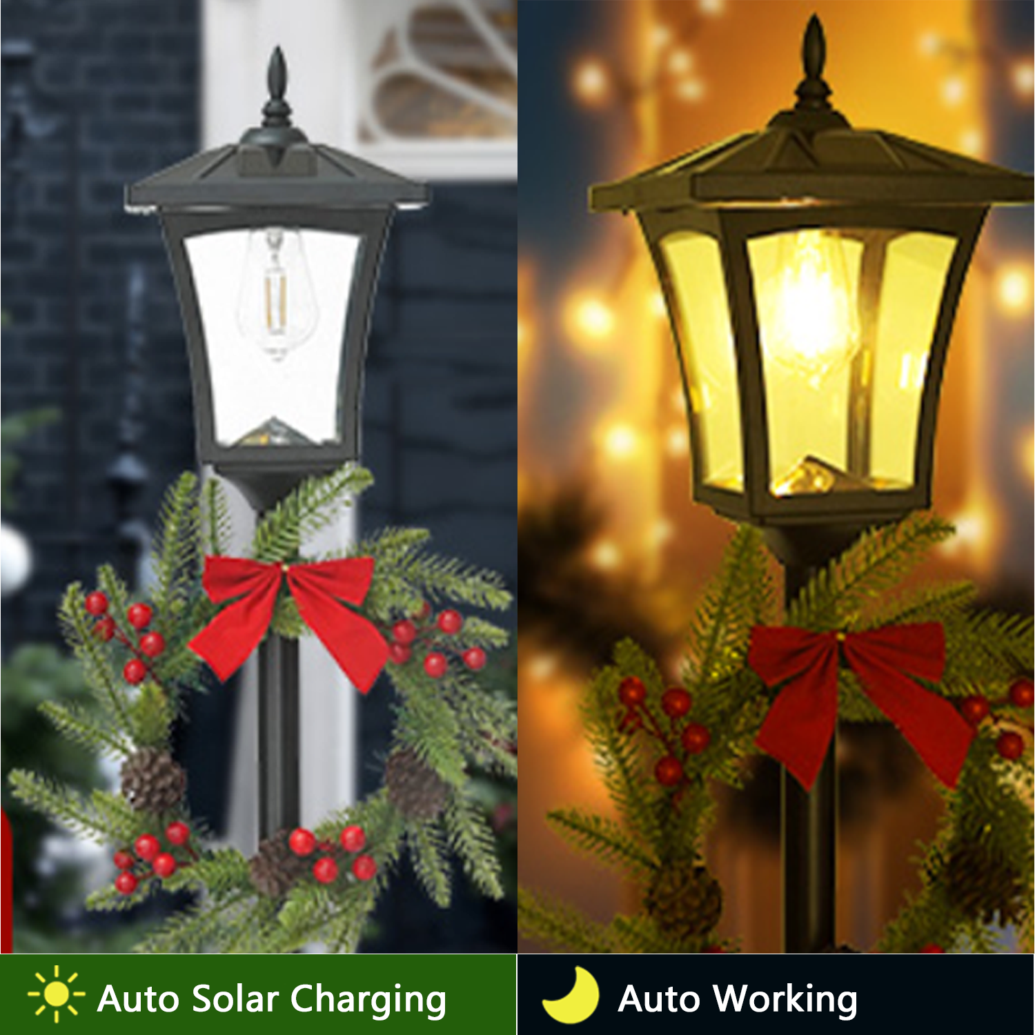 Christmas Solar Street Lamp Decor - 59in Outdoor Holiday Lighting with Wreath, Auto On/Off, For Yard/Patio/Garden (Black PP+Iron)，Nice Christmas Gifts