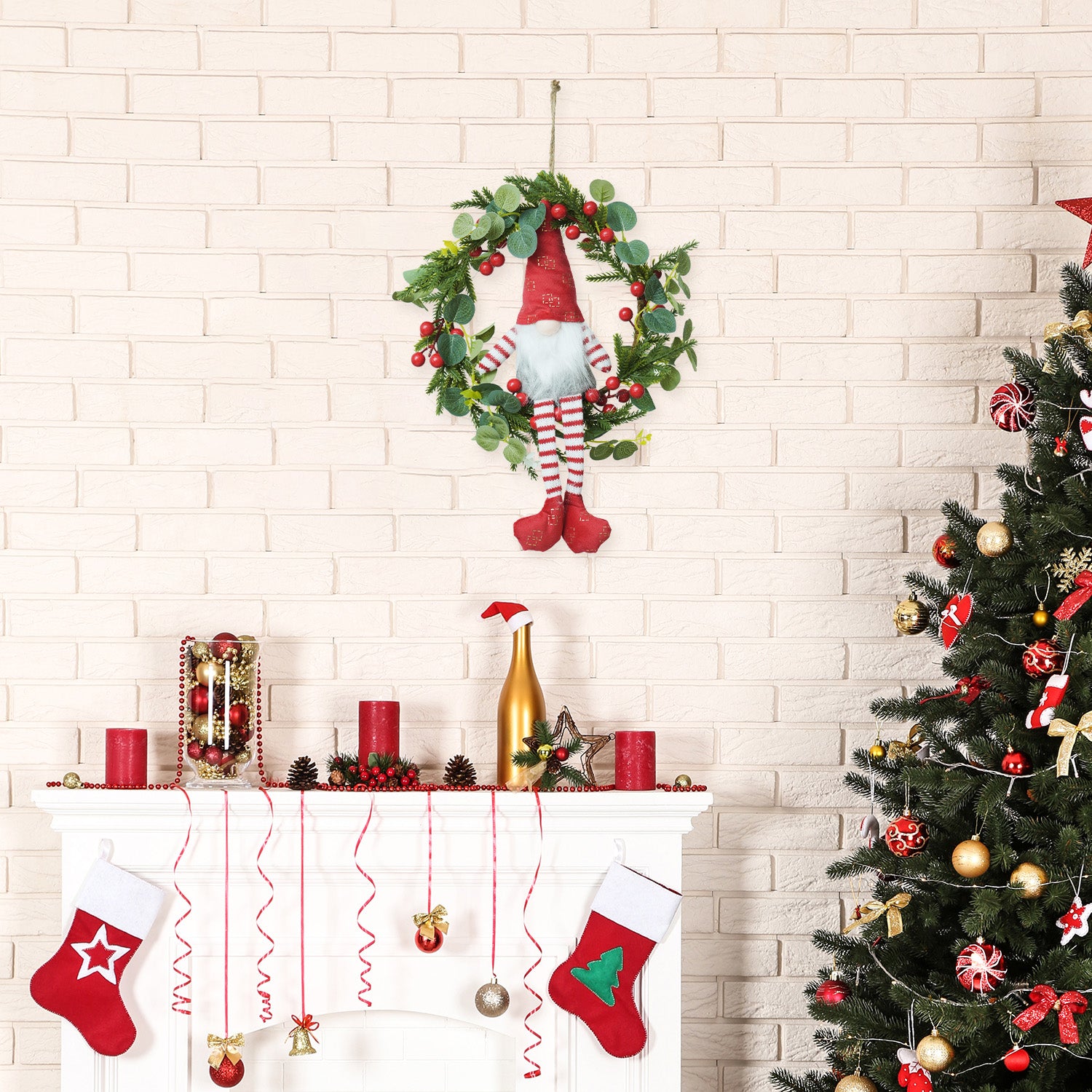 Light-up Christmas Elf Wreath - 10-inch Hanging Decor With Fabric Elf, Red Berries & Pine, Battery Operated
