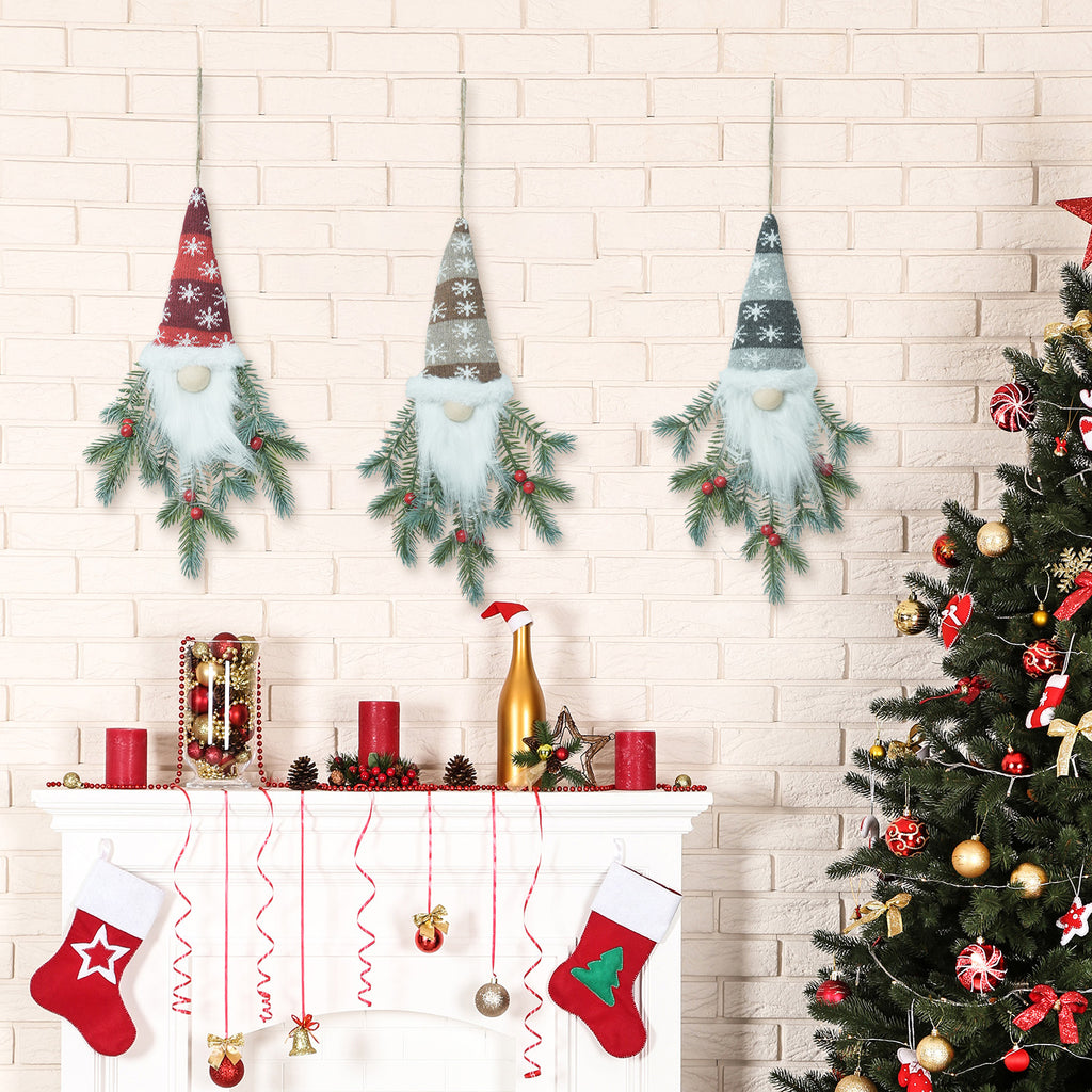 3 sets of Light-up Fabric Elf Hanging Decor With Led Berries And Pine, 18.5-inch Height, Battery Operated - Christmas Wall Garland