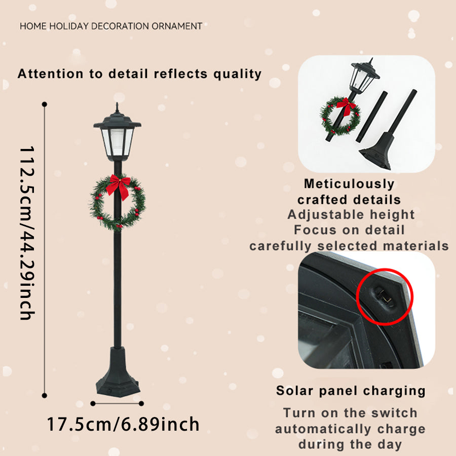 44" Adjustable Solar Pathway Light - Outdoor Holiday Decoration With Built-in Pine Wreath & Red Bow, Weatherproof Plastic Base For Garden, Porch