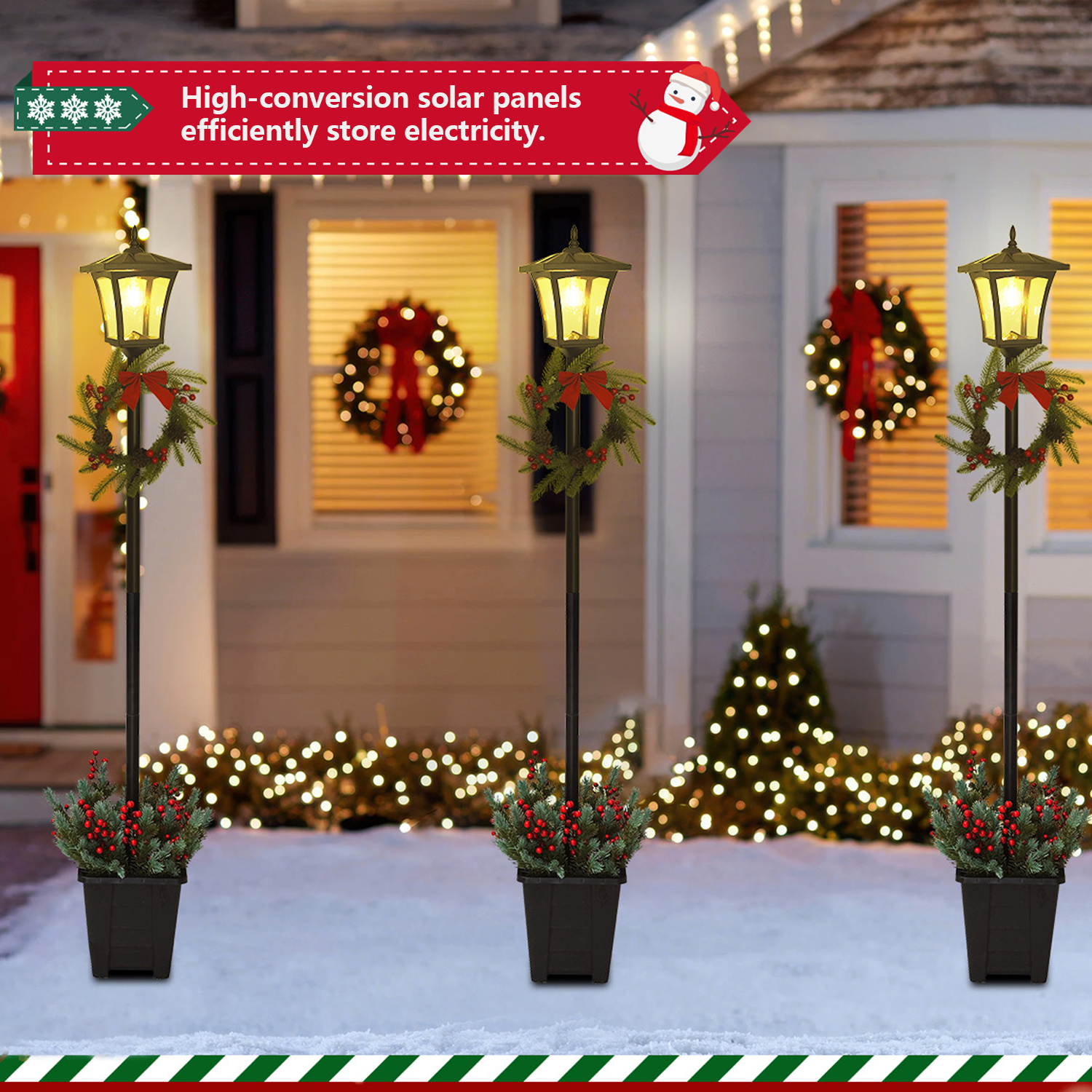 Christmas Solar Street Lamp Decor - 59in Outdoor Holiday Lighting with Wreath, Auto On/Off, For Yard/Patio/Garden (Black PP+Iron)，Nice Christmas Gifts