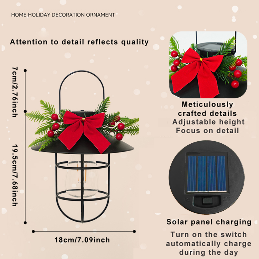 2PCS Plastic Solar Holiday Lantern - Festive Pine & Bow Decor, 7.7in Height, Auto Charging