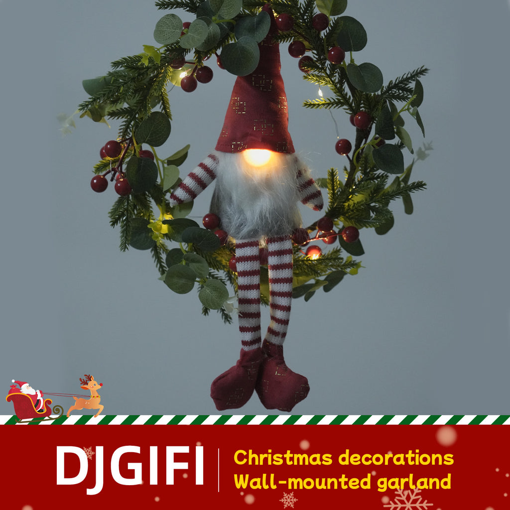 Light-up Christmas Elf Wreath - 10-inch Hanging Decor With Fabric Elf, Red Berries & Pine, Battery Operated