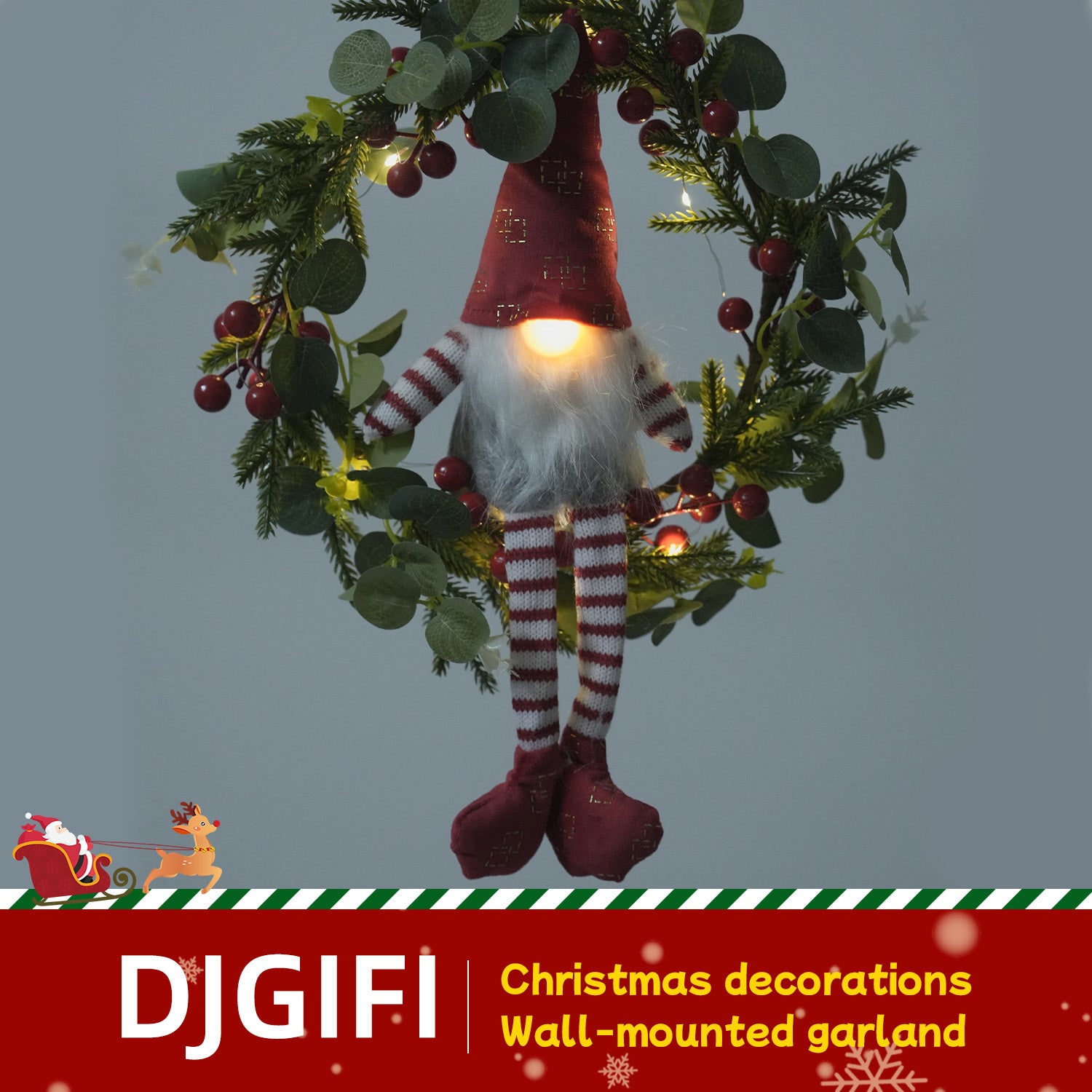 Light-up Christmas Elf Wreath - 10-inch Hanging Decor With Fabric Elf, Red Berries & Pine, Battery Operated
