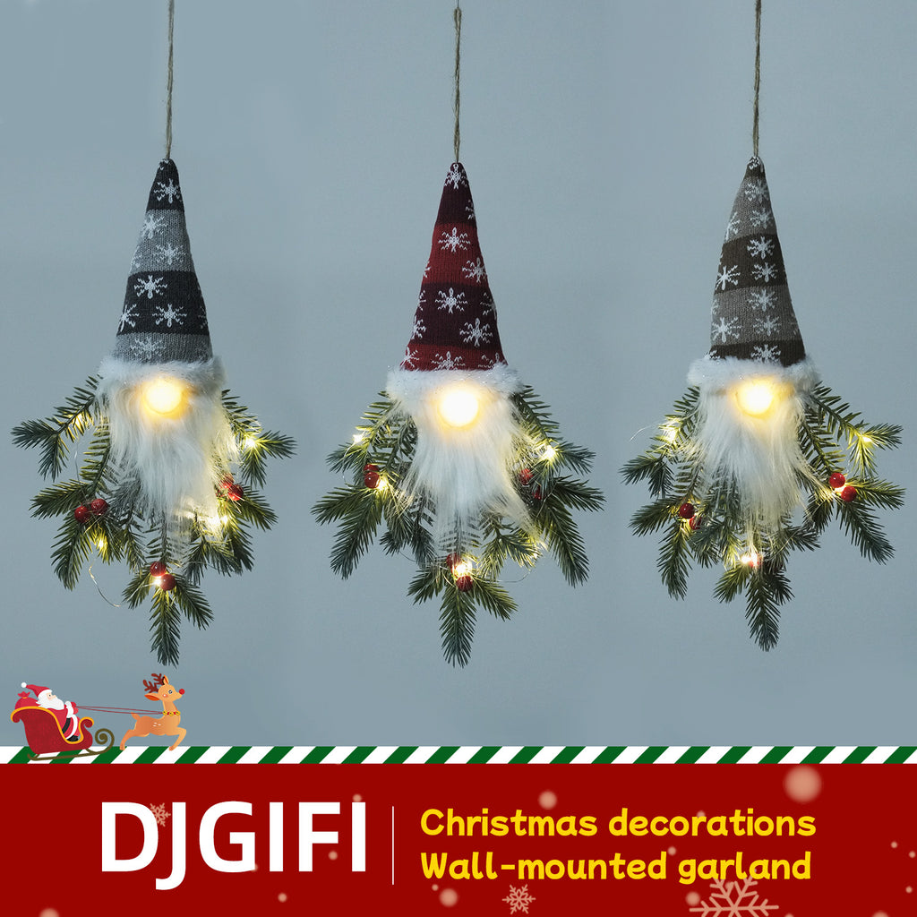 3 sets of Light-up Fabric Elf Hanging Decor With Led Berries And Pine, 18.5-inch Height, Battery Operated - Christmas Wall Garland