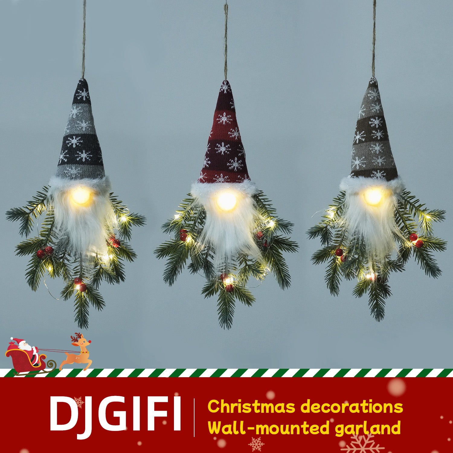 3 sets of Light-up Fabric Elf Hanging Decor With Led Berries And Pine, 18.5-inch Height, Battery Operated - Christmas Wall Garland