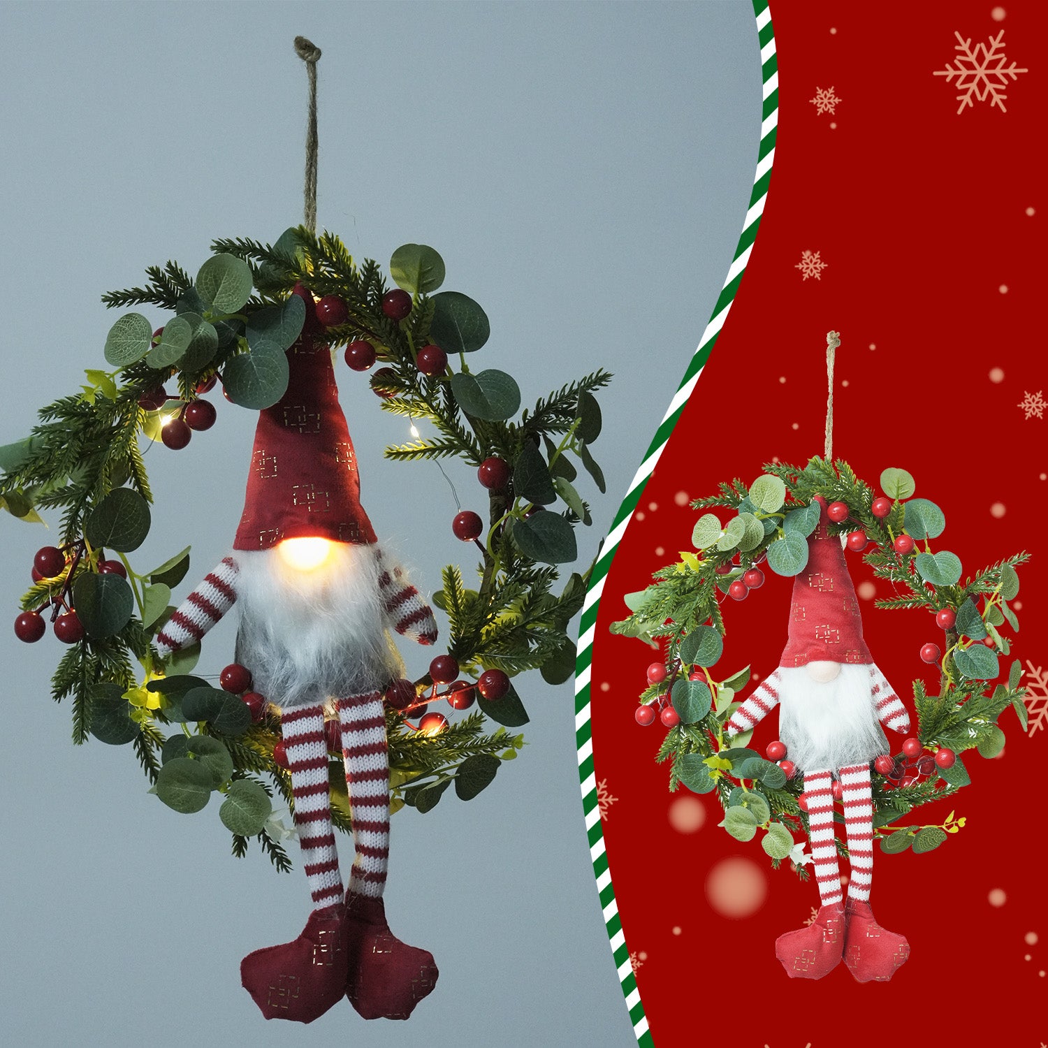 Light-up Christmas Elf Wreath - 10-inch Hanging Decor With Fabric Elf, Red Berries & Pine, Battery Operated
