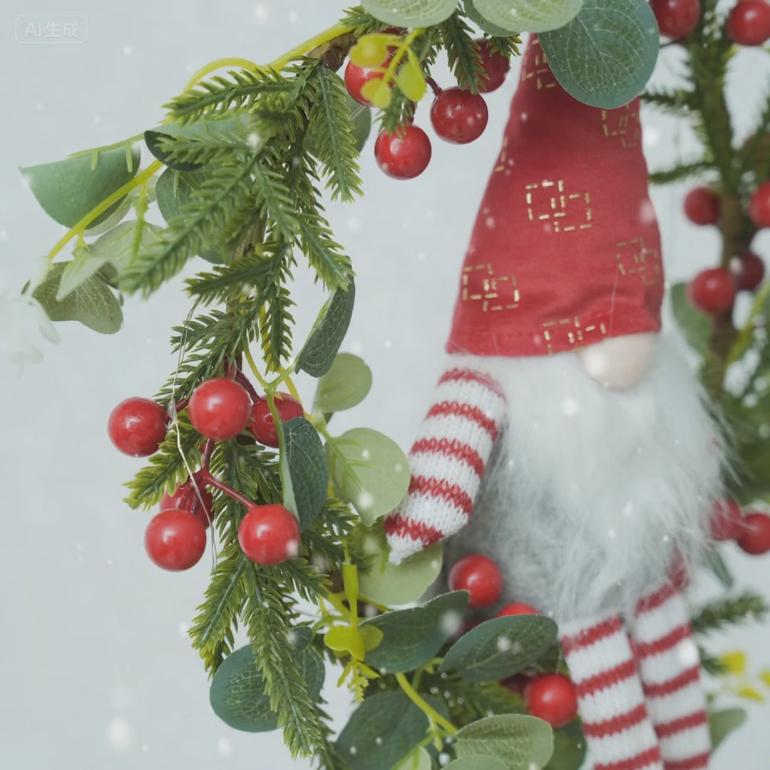 Light-up Christmas Elf Wreath - 10-inch Hanging Decor With Fabric Elf, Red Berries & Pine, Battery Operated