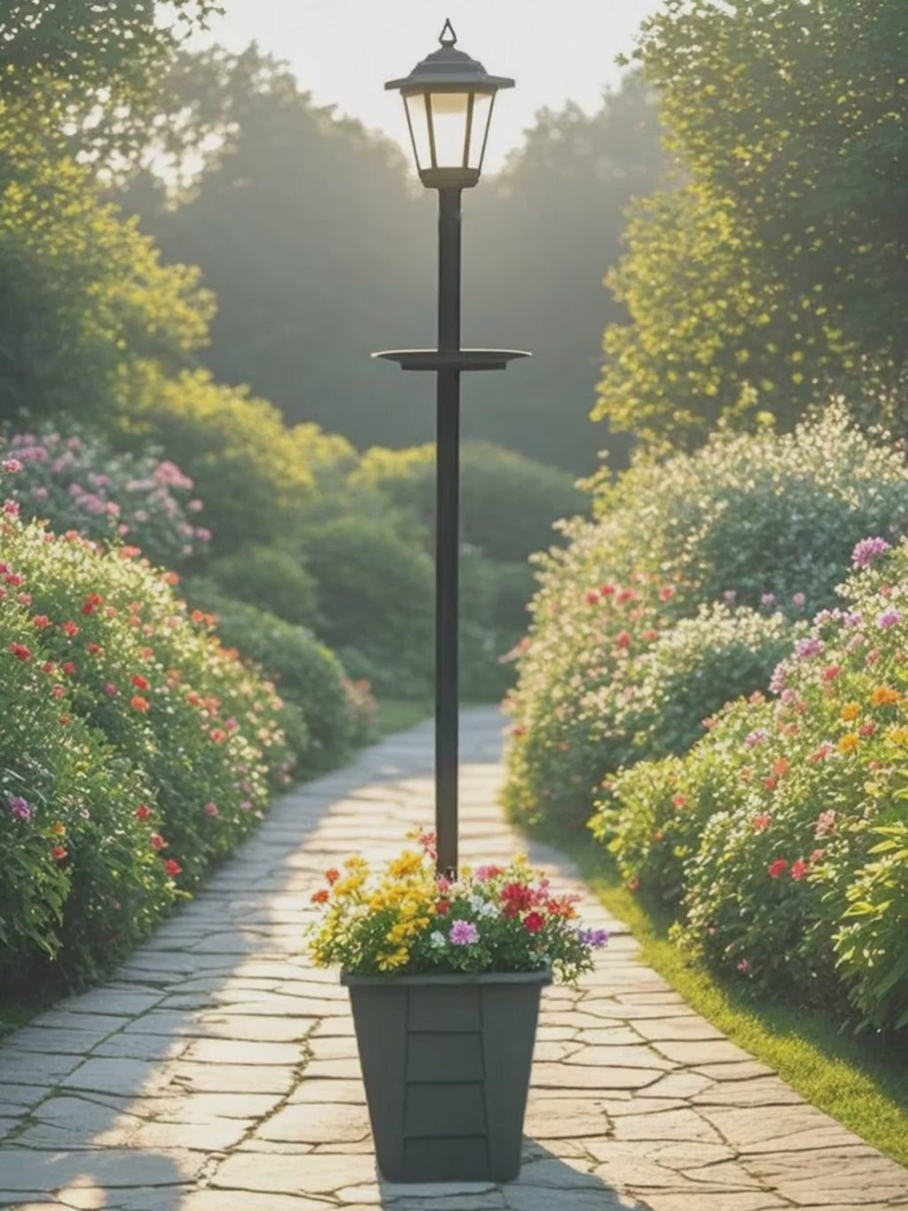 59'' Solar Lamp Post Light with Planter & Bird Feeder (3-in-1 Design) - IP44 Waterproof, Auto On/Off, Dusk to Dawn Sensor for Garden, Yard, Pathway - Easy Install Outdoor Decor