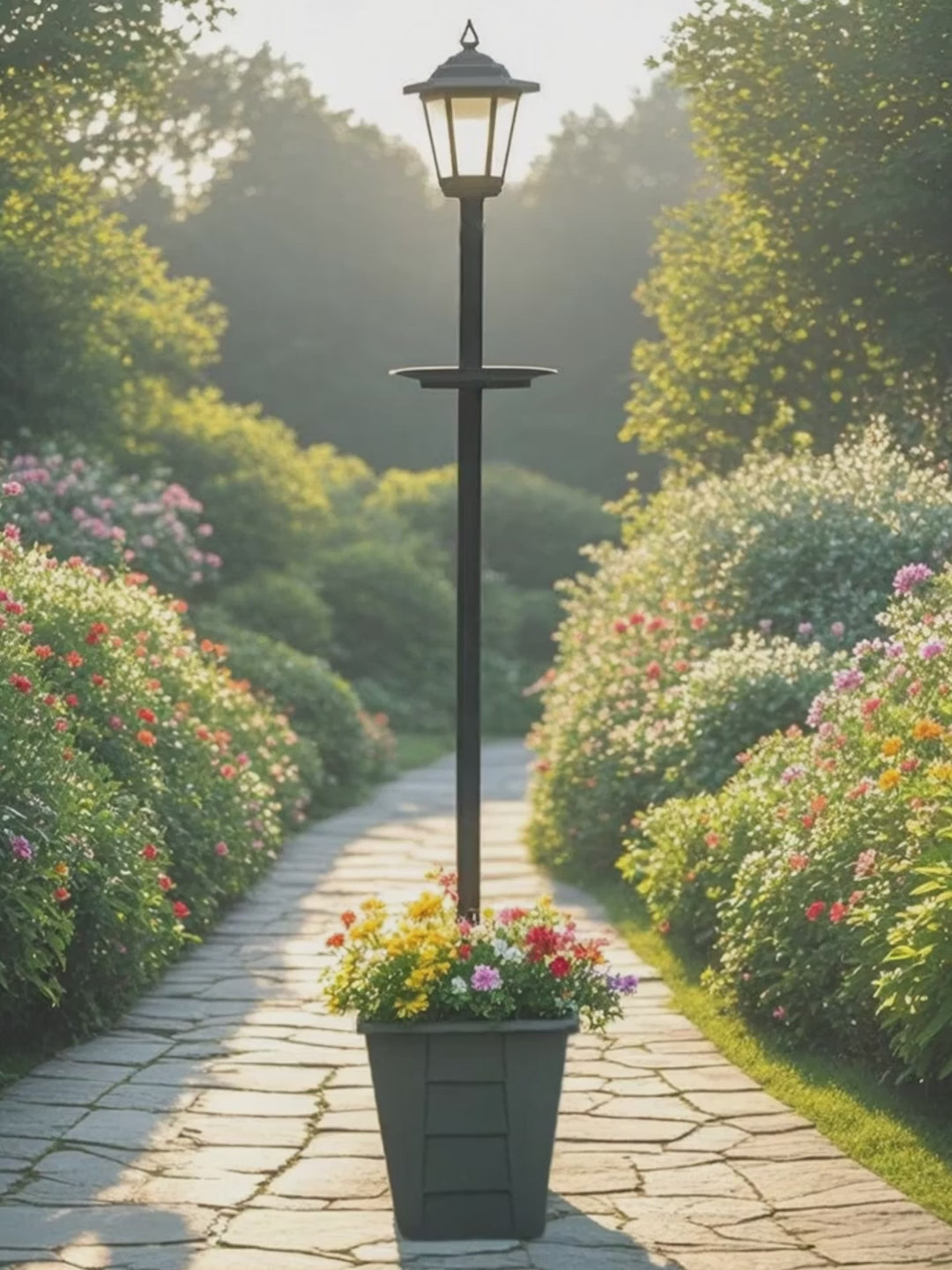 59'' Solar Lamp Post Light with Planter & Bird Feeder (3-in-1 Design) - IP44 Waterproof, Auto On/Off, Dusk to Dawn Sensor for Garden, Yard, Pathway - Easy Install Outdoor Decor