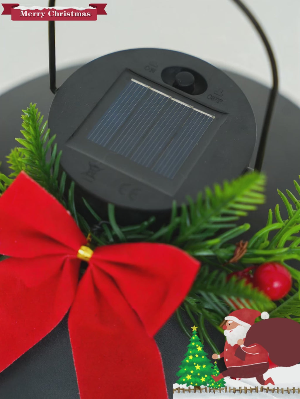 2PCS Plastic Solar Holiday Lantern - Festive Pine & Bow Decor, 7.7in Height, Auto Charging