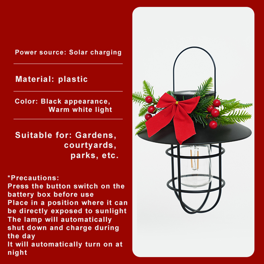 2PCS Plastic Solar Holiday Lantern - Festive Pine & Bow Decor, 7.7in Height, Auto Charging